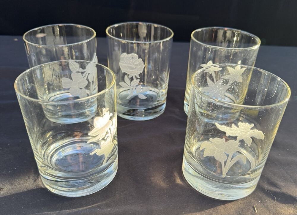 5 Vintage Princess House ETCHED GLASS Floral TUMBLERS Glasses -11/15